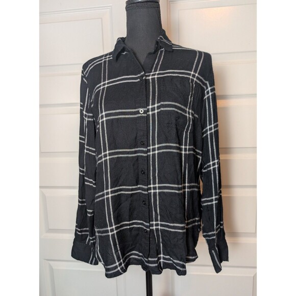 Lucky Brand Size S Blouse Flannel Boyfriend Black & White Button Down Soft - Picture 2 of 10
